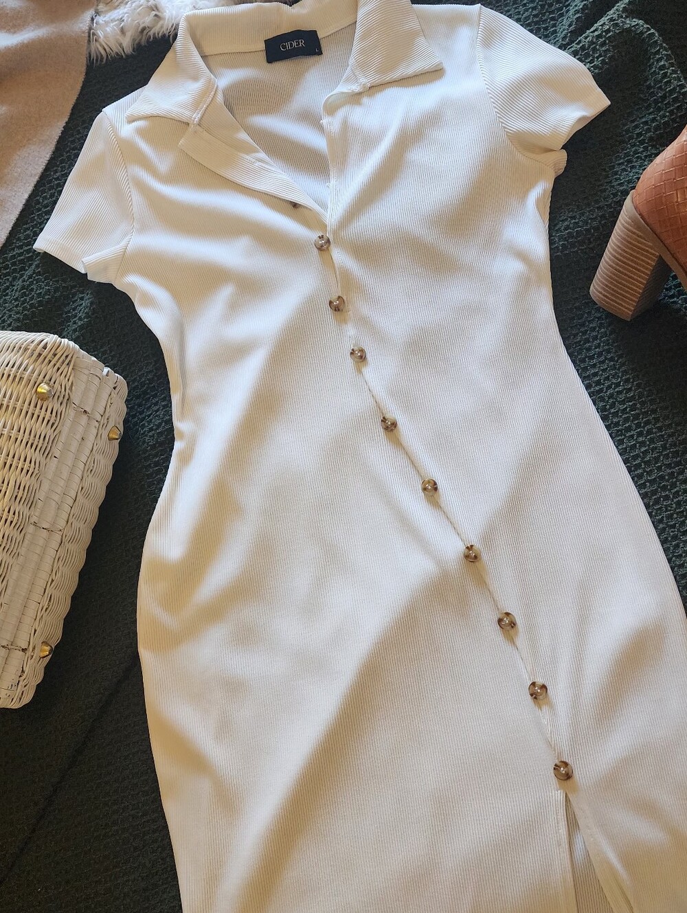 Cider White Ribbed Button-Down Midi Polo Dress With Slit